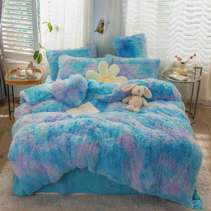 5 Piece Fluffy Comforters  The Beautiful Queen Blue Rainbow 