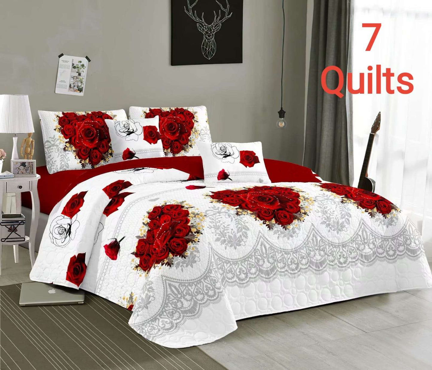 3 Piece Quilt Set - Queen Size  The Beautiful Red Roses  