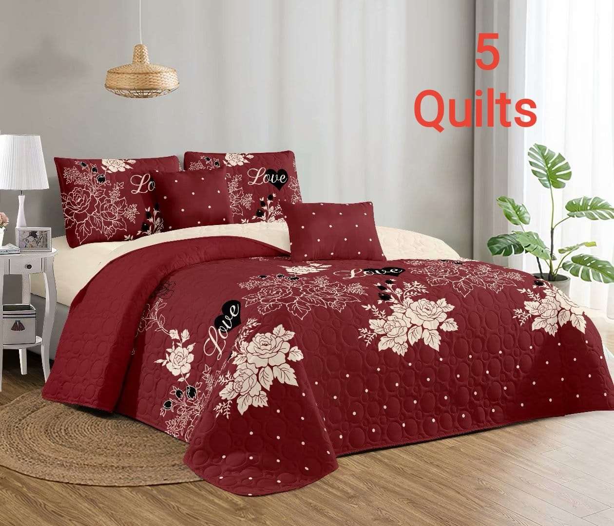 3 Piece Quilt Set - Queen Size  The Beautiful Maroon With Beige Flowers  