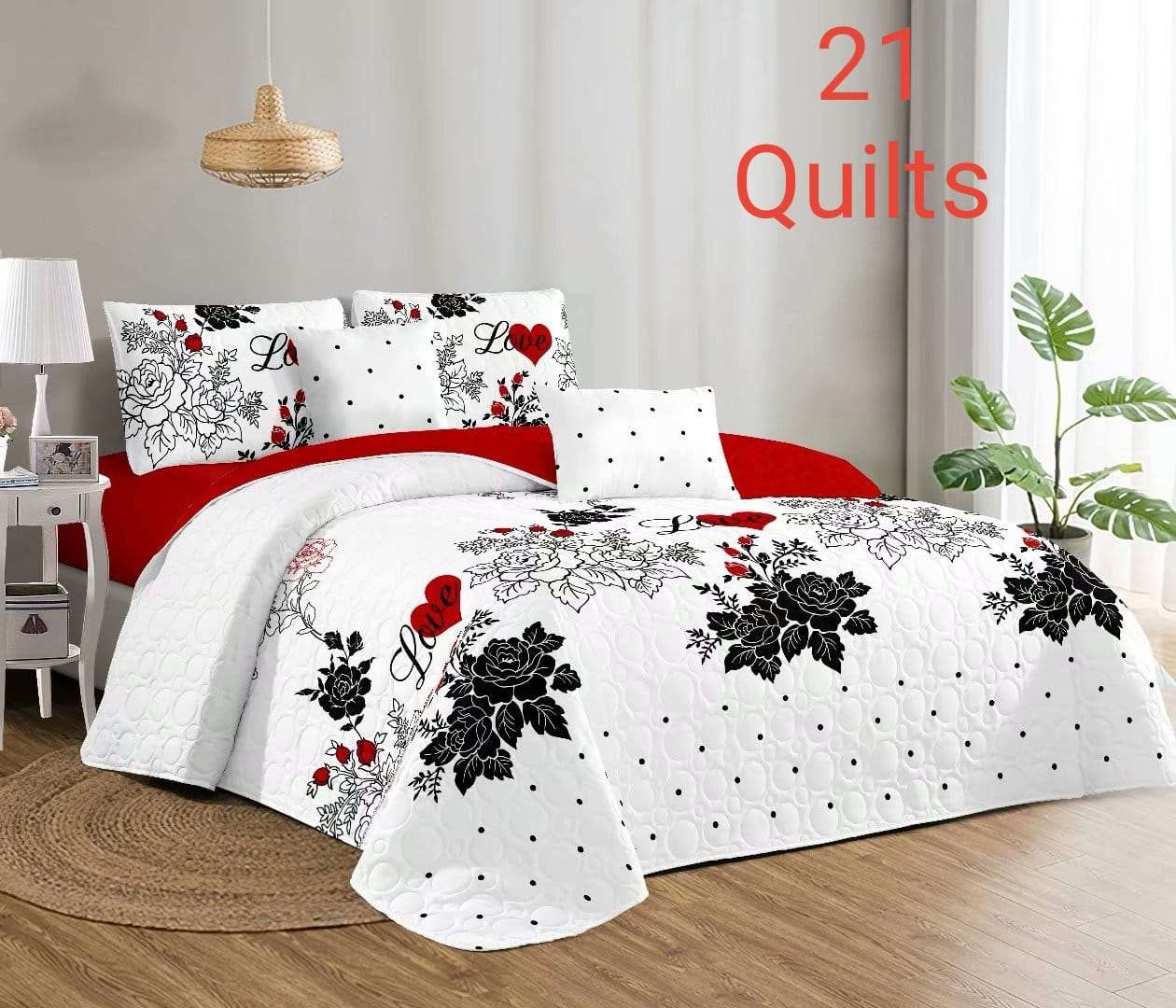 3 Piece Quilt Set - Queen Size  The Beautiful Roses on White  