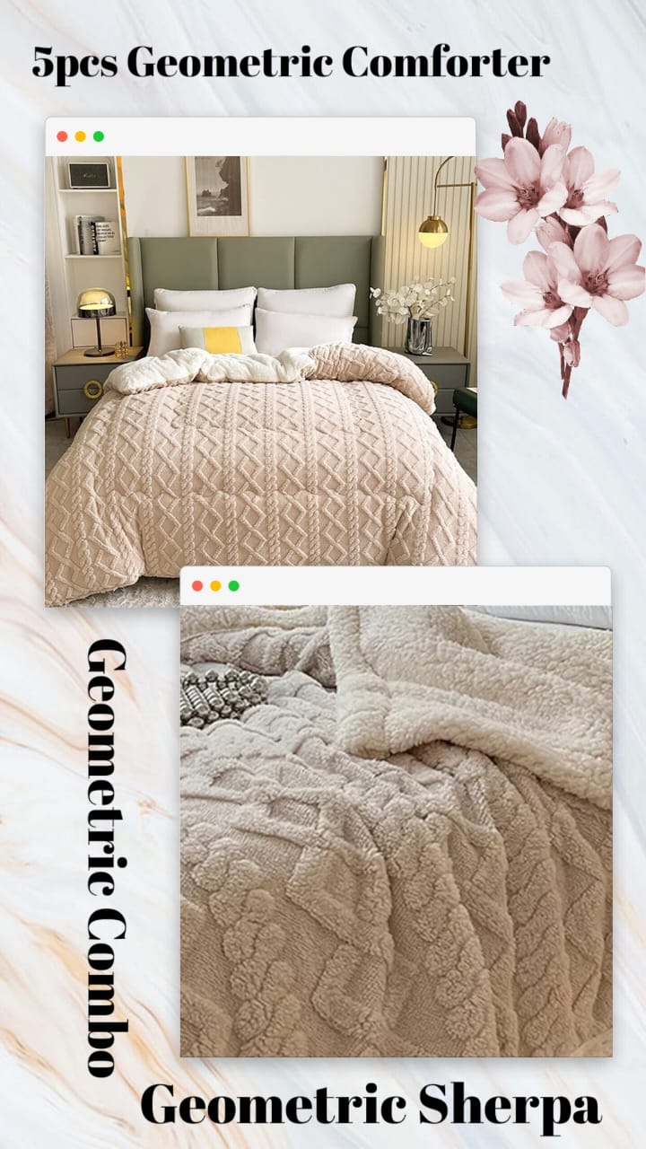 Geometric Sherpa Comforter and Blanket Combo  The Beautiful  Double Beige 