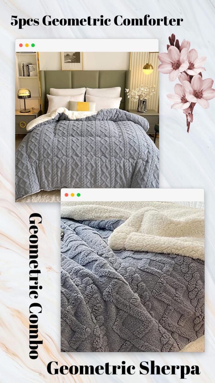 Geometric Sherpa Comforter and Blanket Combo  The Beautiful  Double Light Grey 