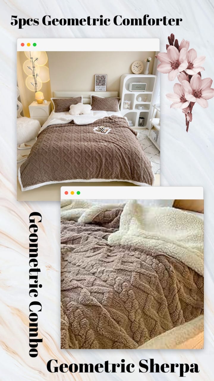 Geometric Sherpa Comforter and Blanket Combo  The Beautiful  Double Brown 