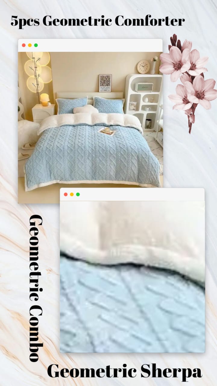 Geometric Sherpa Comforter and Blanket Combo  The Beautiful  Double Light Blue 