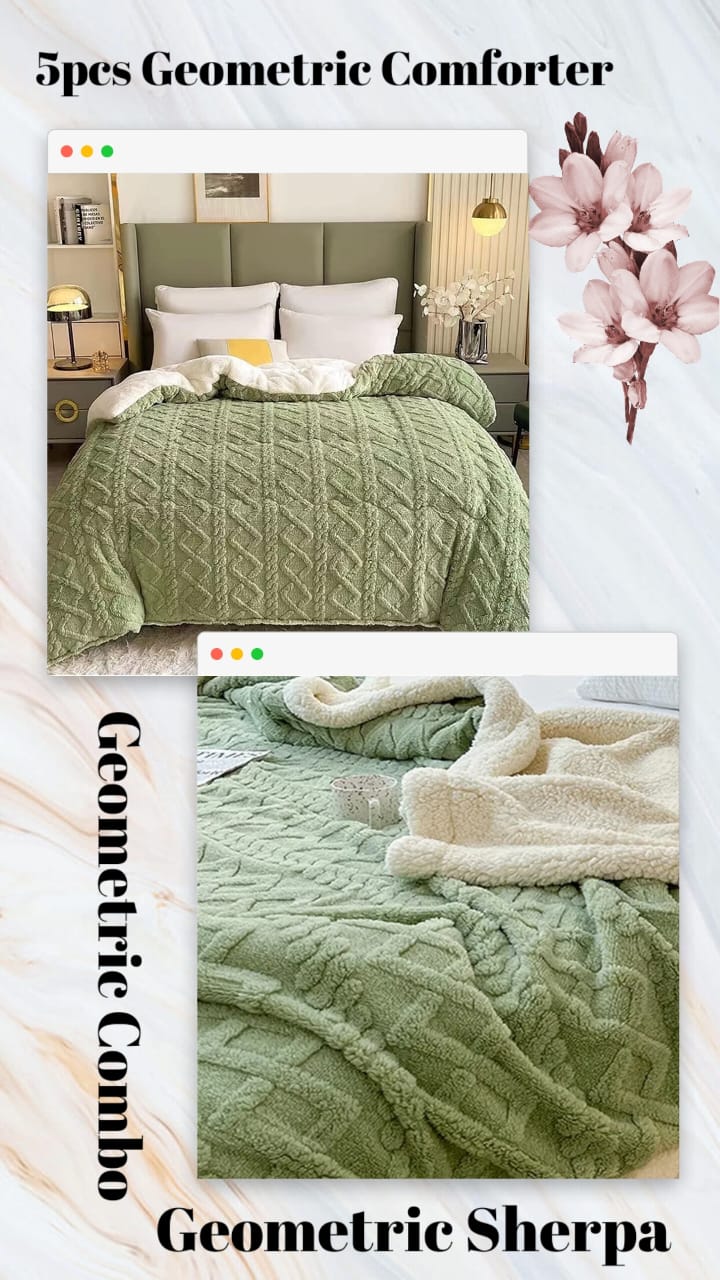 Geometric Sherpa Comforter and Blanket Combo  The Beautiful  Double Green 