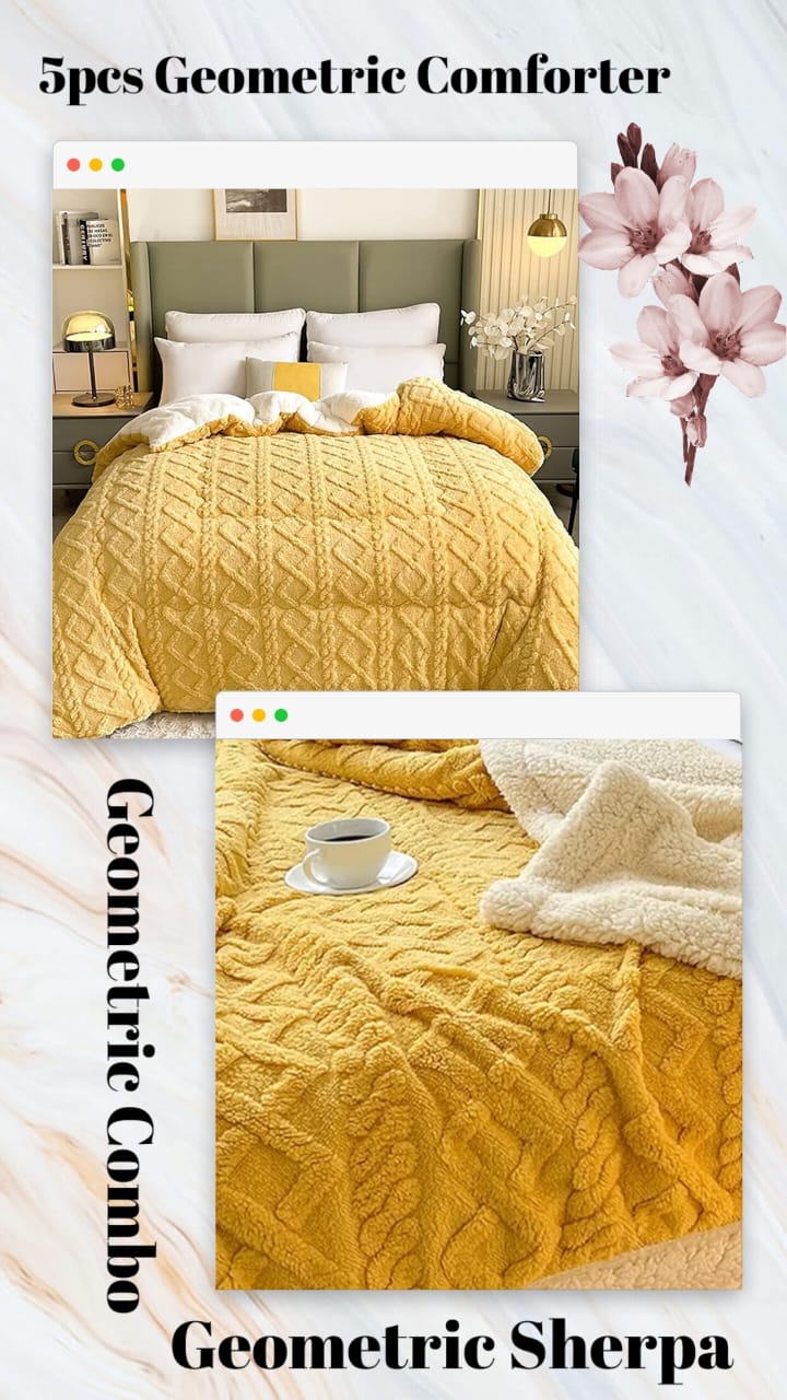 Geometric Sherpa Comforter and Blanket Combo  The Beautiful  Double Yellow 