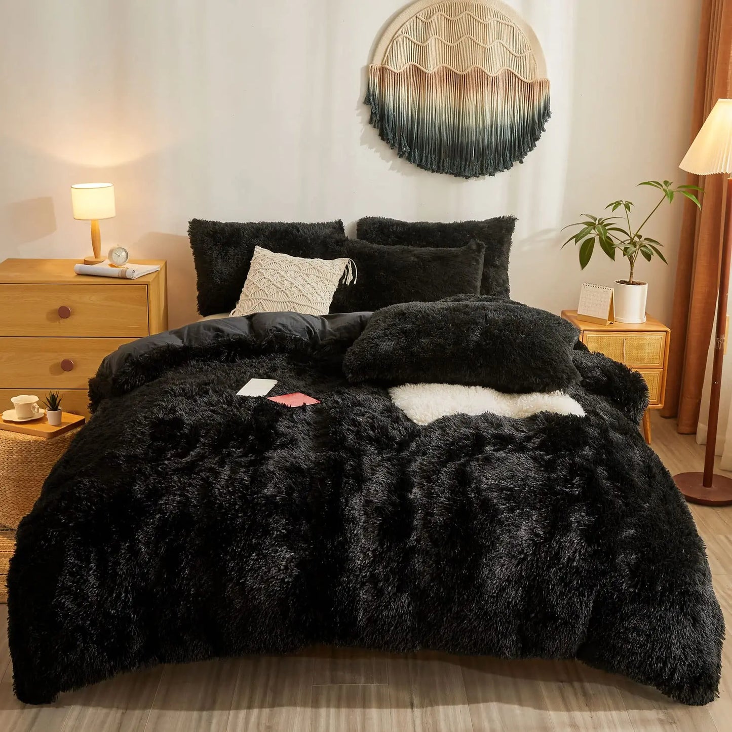 3 Piece Fluffy Comforters  The Beautiful  Double Black 